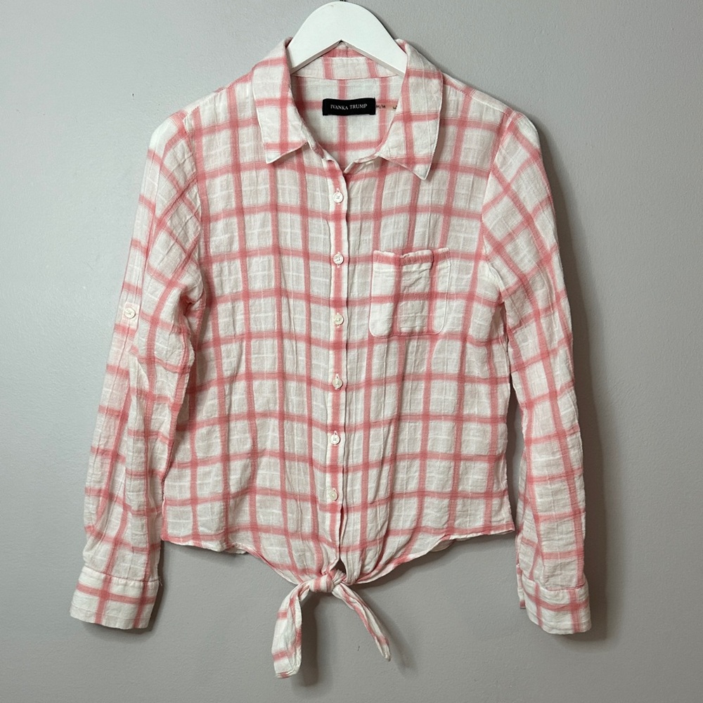 Pink and White Plaid 100% cotton Button-Up Shirt size M
